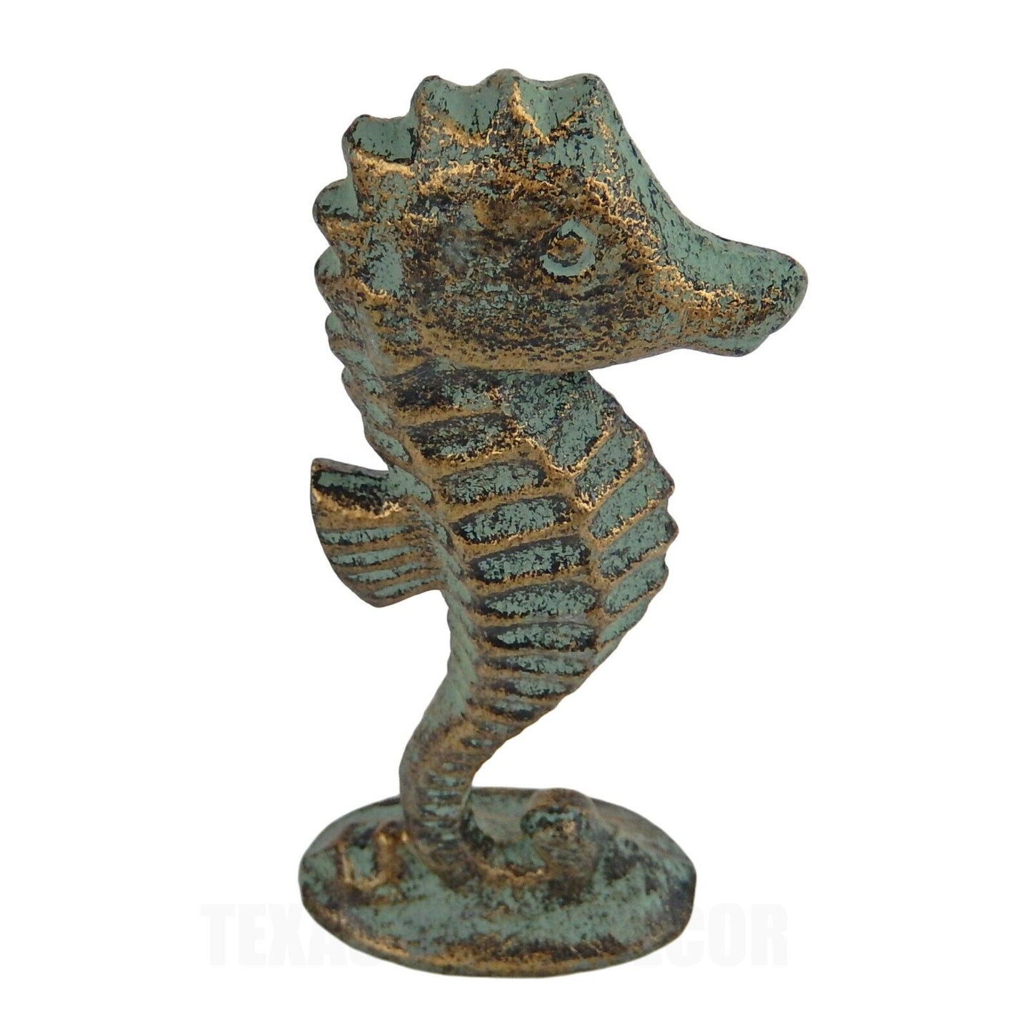 2 Seahorse Figurines Tabletop Statues Verdigris Patina Nautical Decor Cast Iron