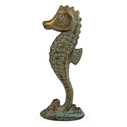 2 Seahorse Figurines Tabletop Statues Verdigris Patina Nautical Decor Cast Iron