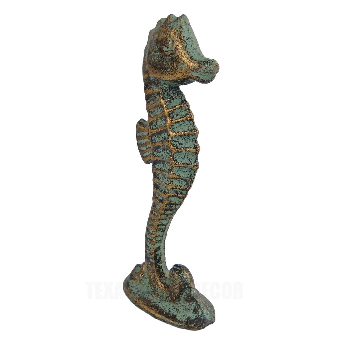 2 Seahorse Figurines Tabletop Statues Verdigris Patina Nautical Decor Cast Iron