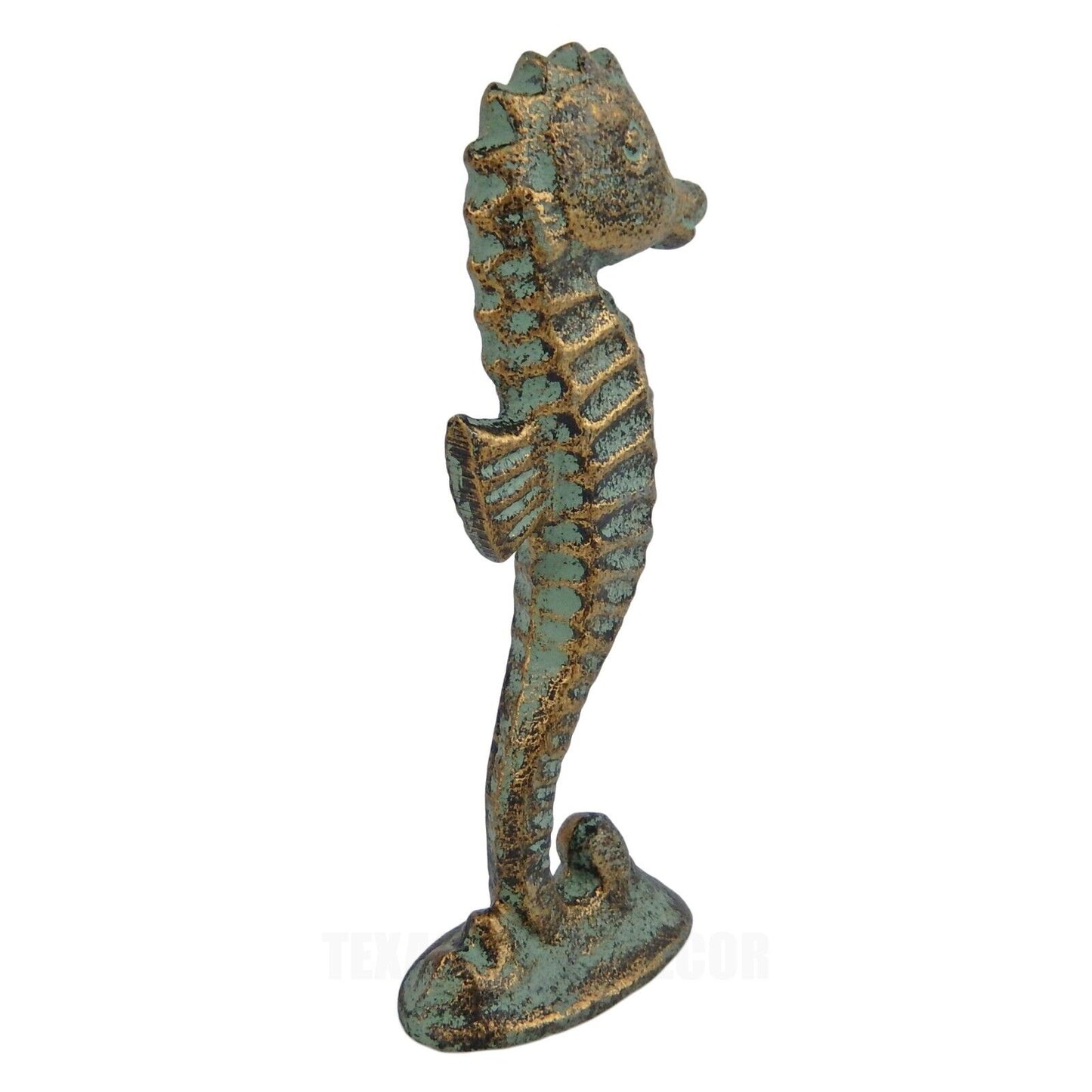 2 Seahorse Figurines Tabletop Statues Verdigris Patina Nautical Decor Cast Iron