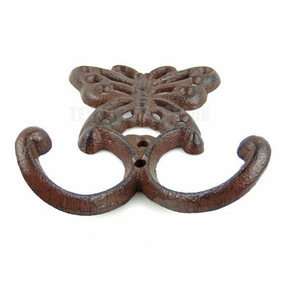 Butterfly Double Wall Hook Cast Iron Coat Towel Key Hanger Antique Style Brown