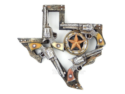 Western Texas Map Pistols Star Wall Plaque Sign Faux Wood Look Rustic 10 inch