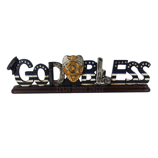 God Bless Police Tabletop Plaque Sign Stars and Stripes Gun Police Badge Cap