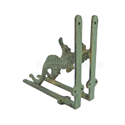 2 Seahorse Shelf Brackets Cast Iron Corner Braces Nautical Green Gold Patina