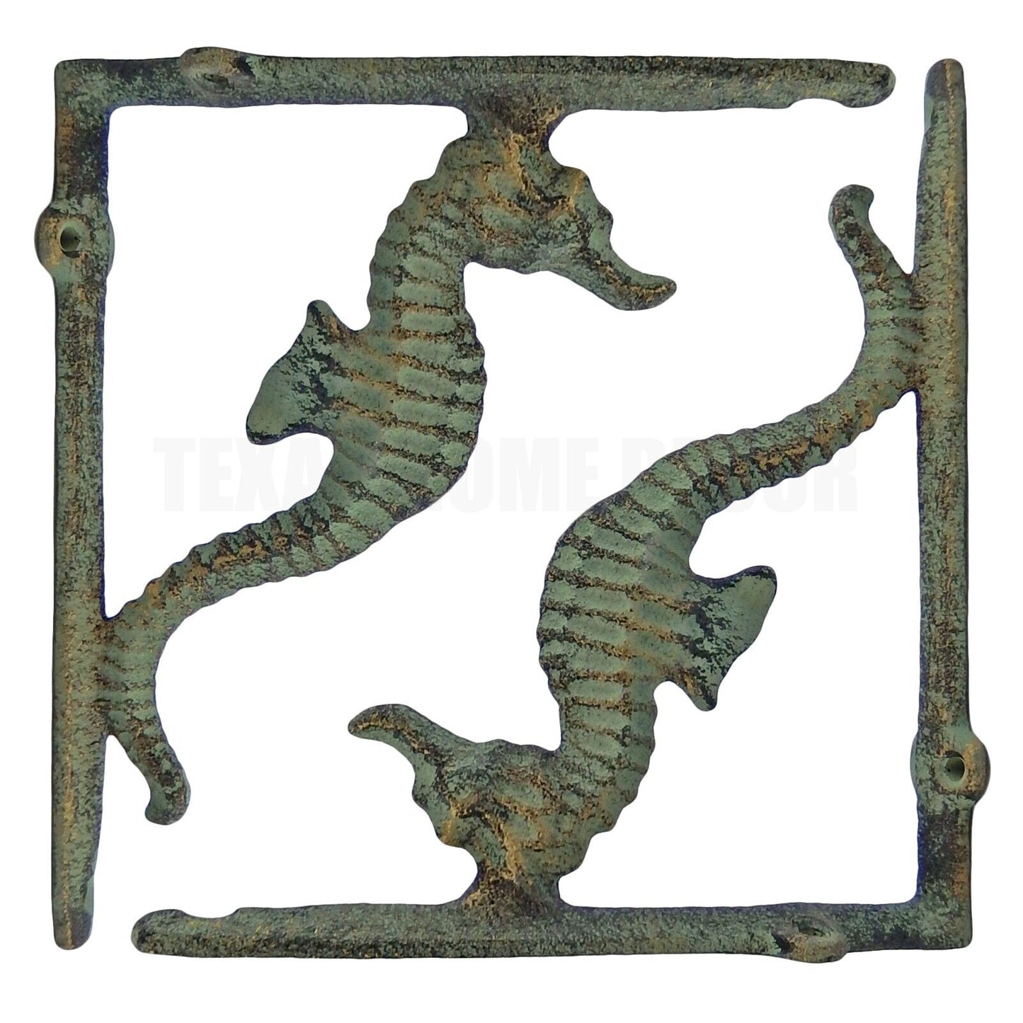 2 Seahorse Shelf Brackets Cast Iron Corner Braces Nautical Green Gold Patina