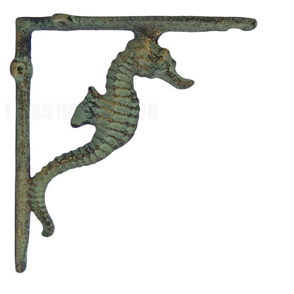 2 Seahorse Shelf Brackets Cast Iron Corner Braces Nautical Green Gold Patina