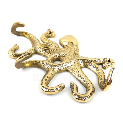 Small Solid Brass Metal Octopus Tentacles Wall Hook Rack Key Towel Hanger 5.75"