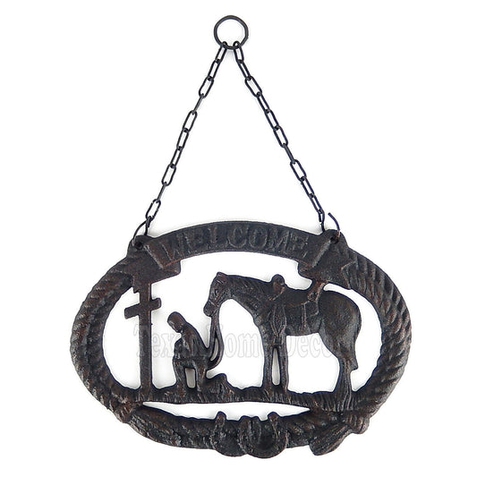 Praying Cowboy Welcome Sign Plaque Cast Iron Rustic Western Horseshoes Rope