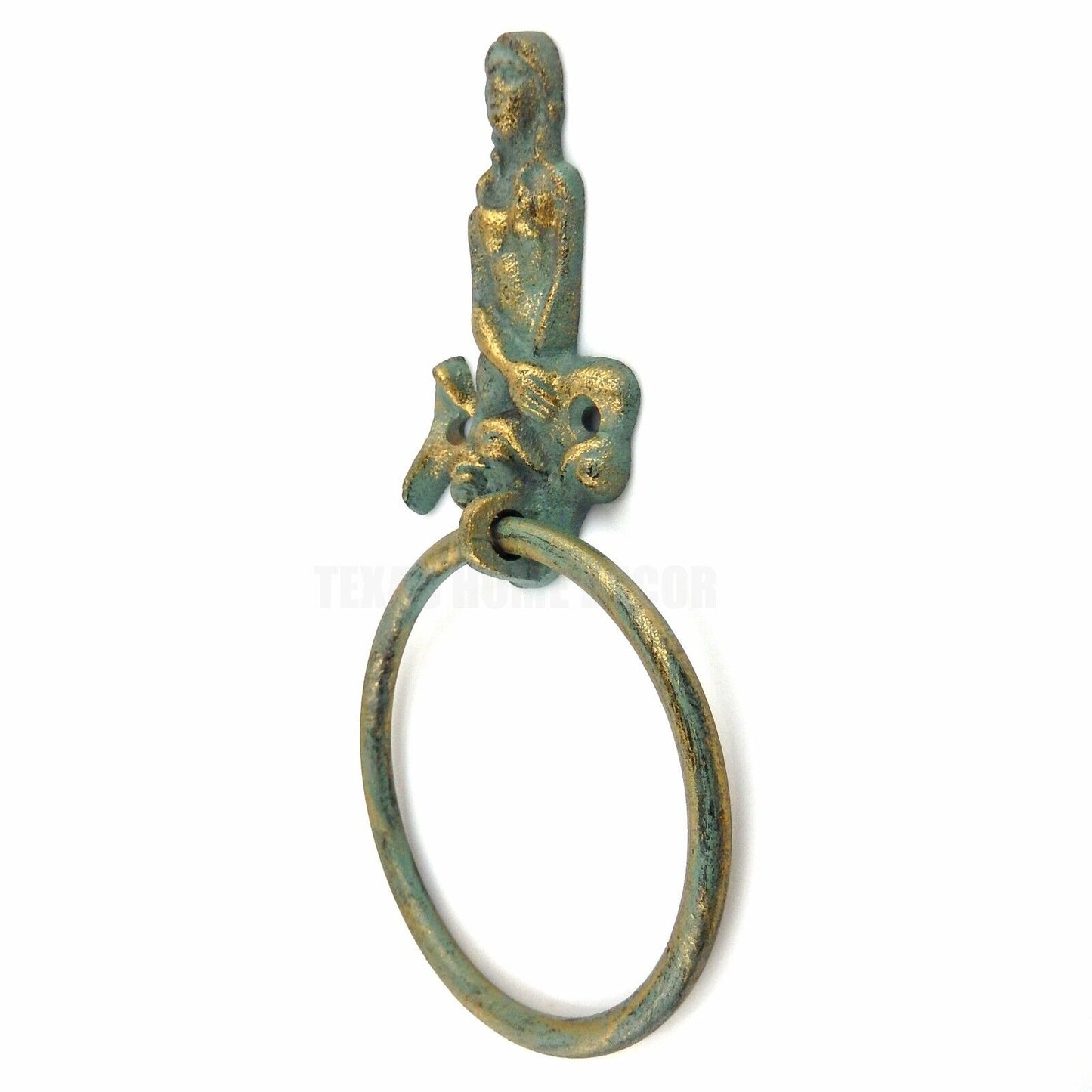 Mermaid Sitting Towel Ring Wall Mounted Cast Iron Green Gold Antique Bronze 9"