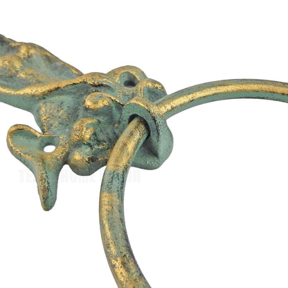 Mermaid Sitting Towel Ring Wall Mounted Cast Iron Green Gold Antique Bronze 9"