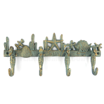 Cast Iron Seahorses Wall Hook Nautical Key Towel Coat Hanger Rack Green/Gold