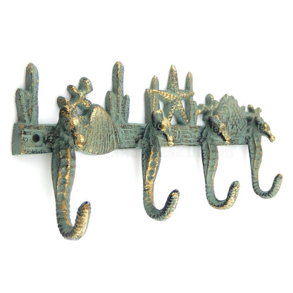 Cast Iron Seahorses Wall Hook Nautical Key Towel Coat Hanger Rack Green/Gold