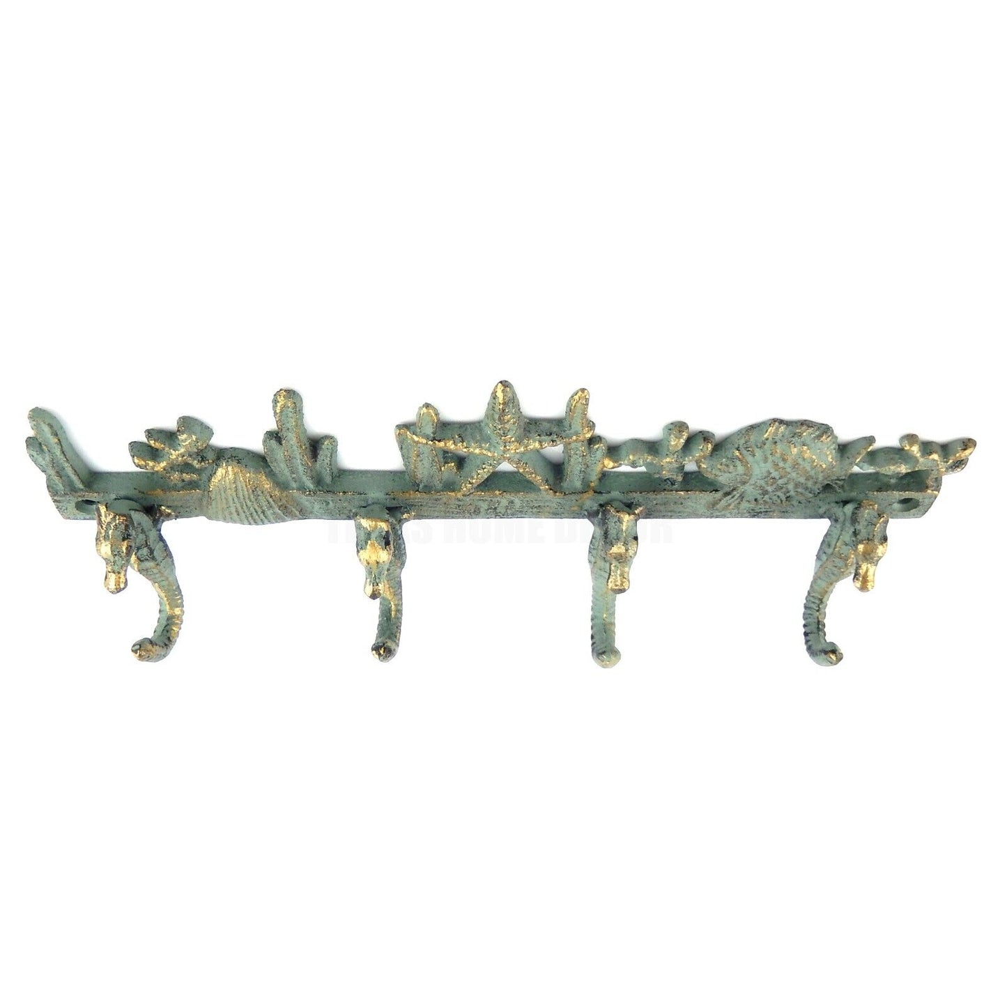 Cast Iron Seahorses Wall Hook Nautical Key Towel Coat Hanger Rack Green/Gold