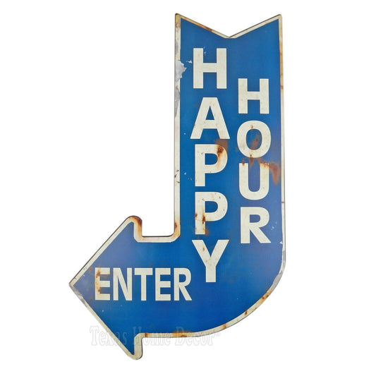 Happy Hour Enter Arrow Wall Metal Sign Plaque Rustic Look Bar Man Cave 22 1/2"