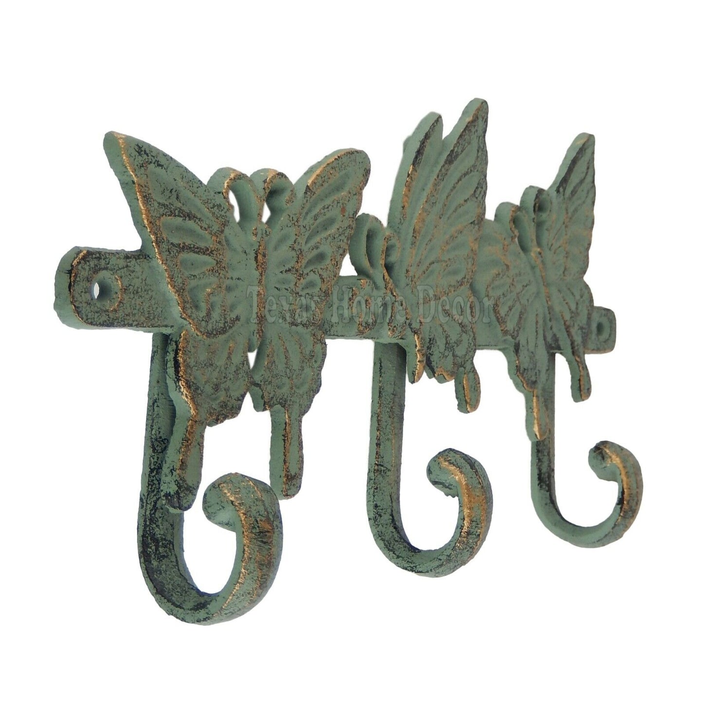 Butterflies Coat Rack Wall Hook Key Hooks Hanger Cast Iron Sea Green & Gold