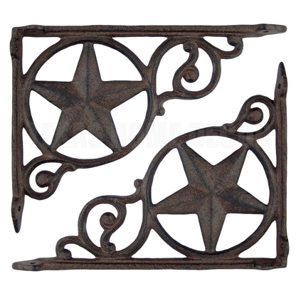 2 Star Scrolls Shelf Brackets Cast Iron Rustic Western Braces Antique Brown 9 in