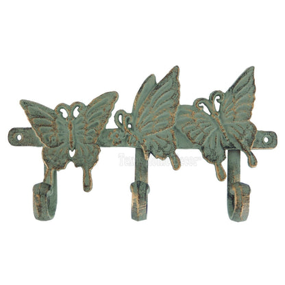 Butterflies Coat Rack Wall Hook Key Hooks Hanger Cast Iron Sea Green & Gold