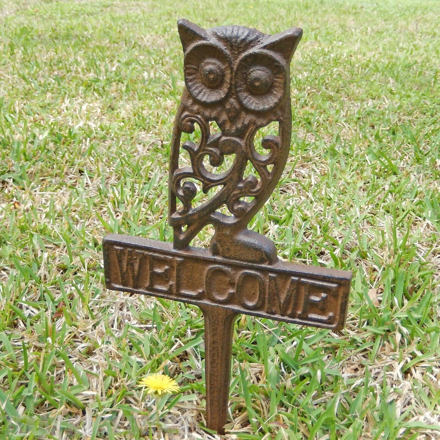 Ornate Owl Welcome Garden Ground Stake Cast Iron Yard Decor Rustic 15 inch Tall