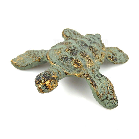 Baby Sea Turtle Figurine Cast Iron Nautical Garden Pond Decor Verdigris Gold