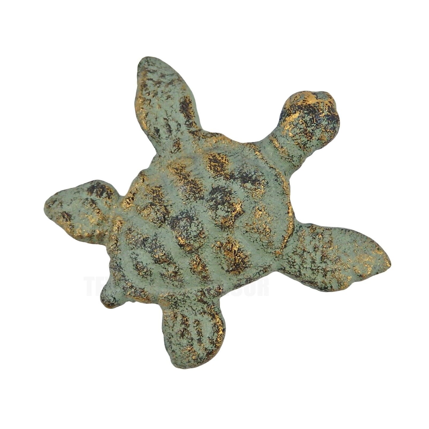 Baby Sea Turtle Figurine Cast Iron Nautical Garden Pond Decor Verdigris Gold