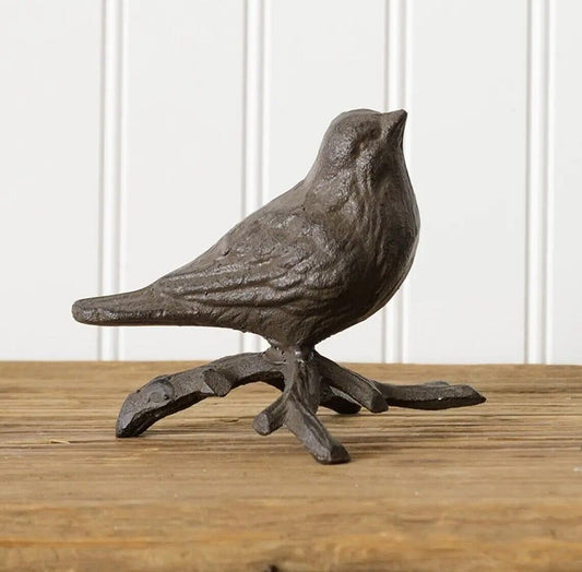 Bird On Branch Figurine Shelf Sitter Statue Rustic Brown Cast Iron Garden Porch