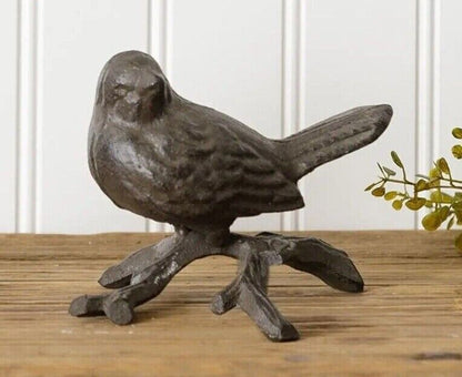Bird On Branch Figurine Shelf Sitter Statue Rustic Brown Cast Iron Garden Porch