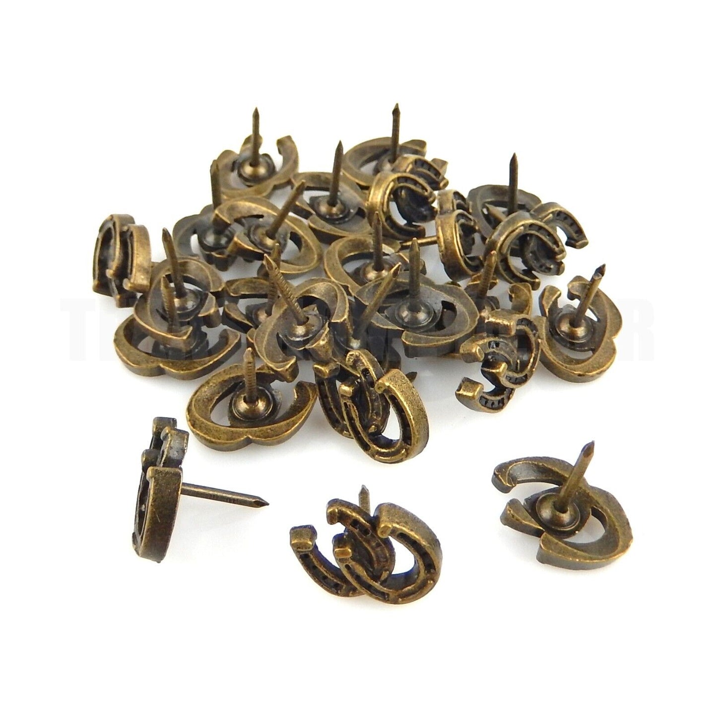 25 Tiny Double Horseshoes Upholstery Leather Tacks Framing Nails Antique Bronze