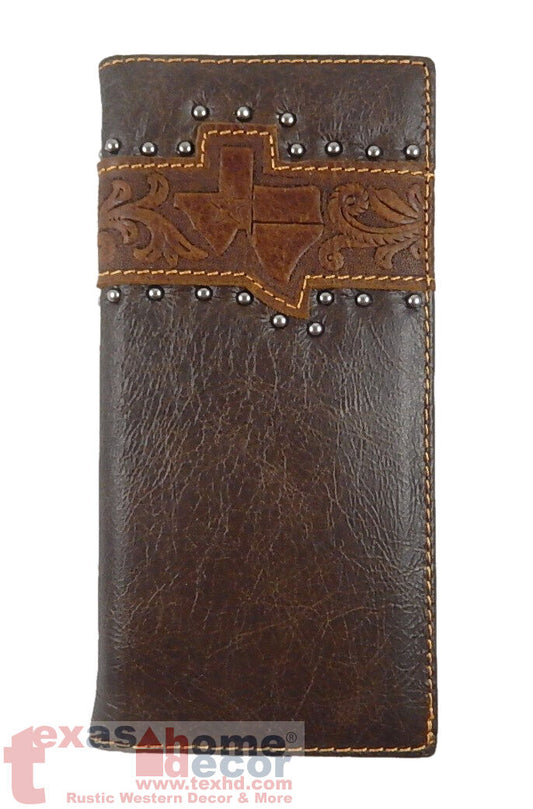 Western Bi-Fold Men's Wallet Genuine Leather Tooled Floral Texas Map Studs NEW!