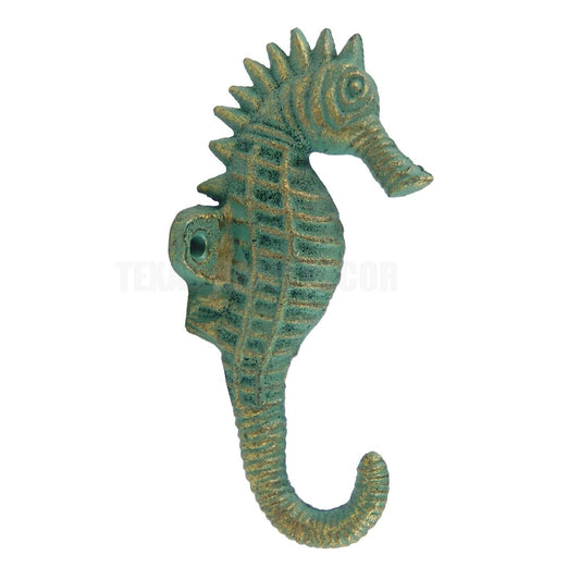 Seahorse Wall Hook Cast Iron Nautical Key Towel Coat Hanger Verdigris Green 5.5"