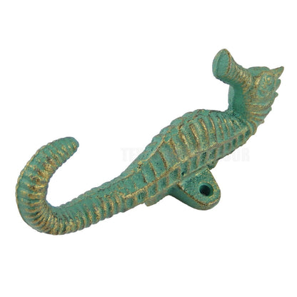 Seahorse Wall Hook Cast Iron Nautical Key Towel Coat Hanger Verdigris Green 5.5"