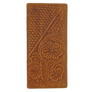 Brown Floral Tooled Leather Bi-Fold Rodeo Wallet Woven Pattern 13 Cards Cash ID