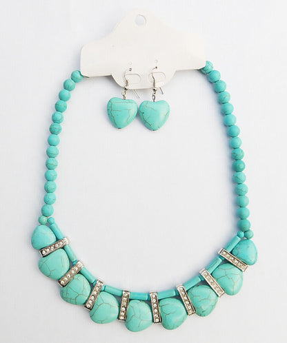 Western Hearts Turquoise Silver Necklace Earring Set Embedded Stones Adjustable