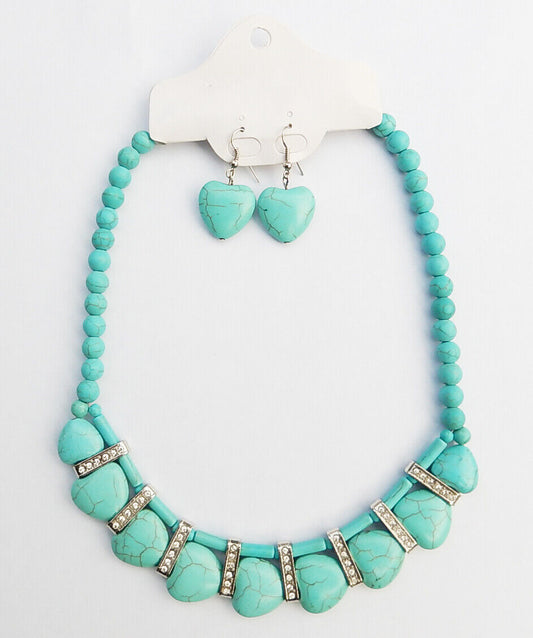 Western Hearts Turquoise Silver Necklace Earring Set Embedded Stones Adjustable