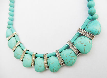 Western Hearts Turquoise Silver Necklace Earring Set Embedded Stones Adjustable