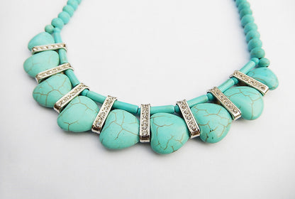 Western Hearts Turquoise Silver Necklace Earring Set Embedded Stones Adjustable