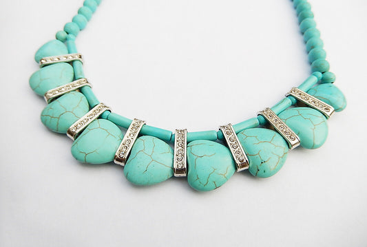 Western Hearts Turquoise Silver Necklace Earring Set Embedded Stones Adjustable