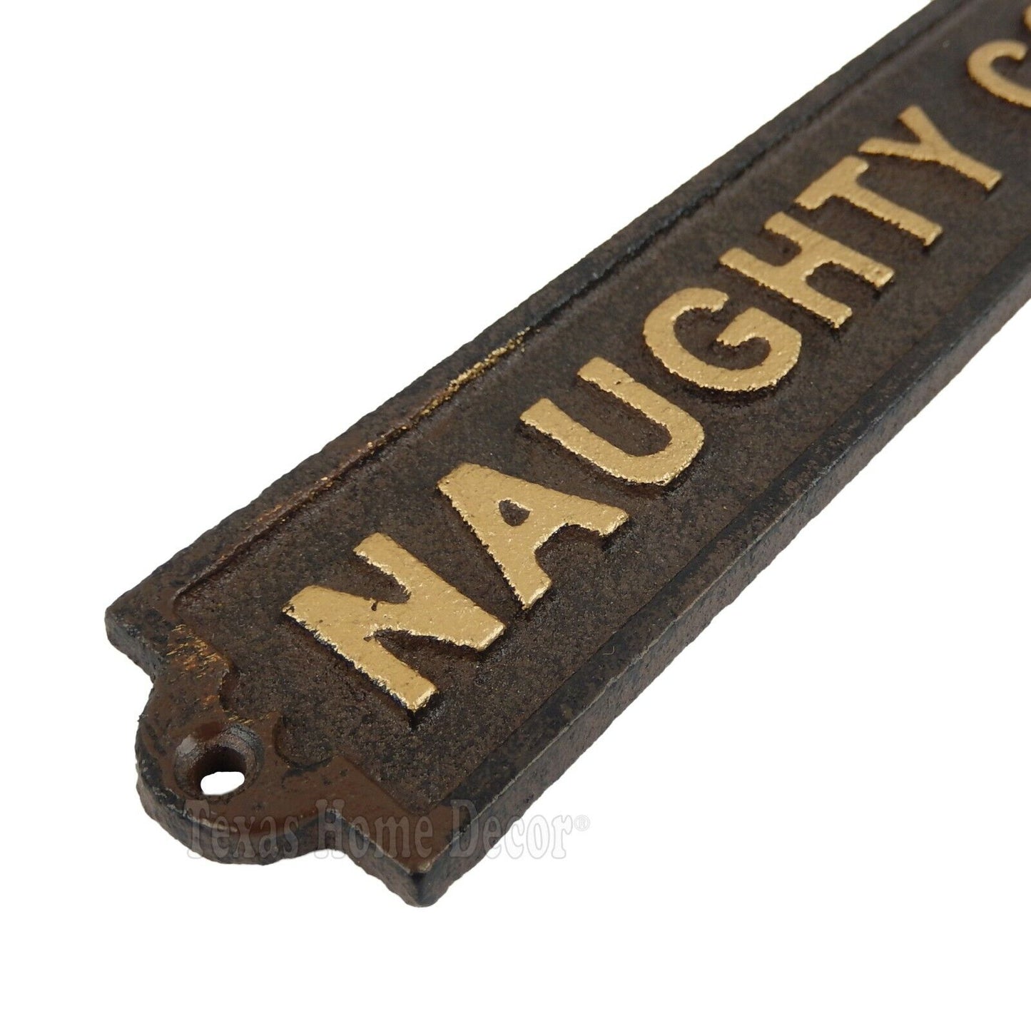 Cast Iron Naughty Corner Wall Plaque Sign Embossed Letters Rustic Brown Gold