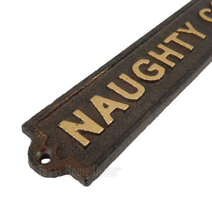 Cast Iron Naughty Corner Wall Plaque Sign Embossed Letters Rustic Brown Gold