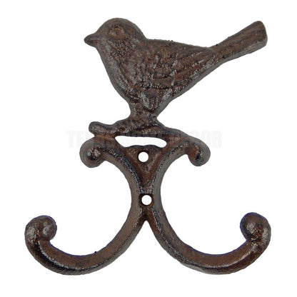 Bird Double Wall Hook Cast Iron Key Towel Coat Hanger Rustic Antique Style Brown