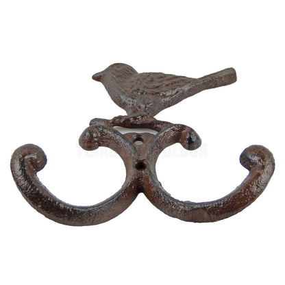 Bird Double Wall Hook Cast Iron Key Towel Coat Hanger Rustic Antique Style Brown