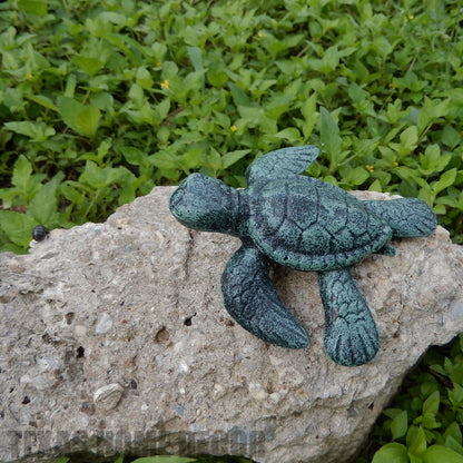 Small Cast Iron Baby Sea Turtle Figurine Statue Garden Pond Nautical Decor Green