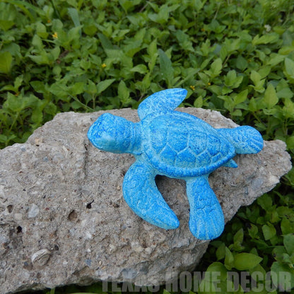 Small Cast Iron Baby Sea Turtle Figurine Statue Garden Pond Nautical Decor Blue