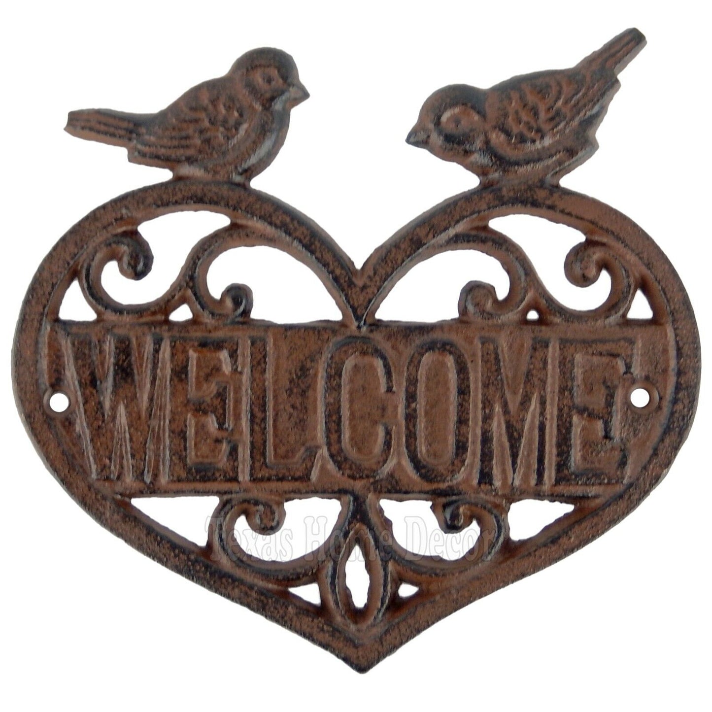 Birds Heart Welcome Sign Cast Iron Plaque Fleur De Lis Scrolls Antique Style