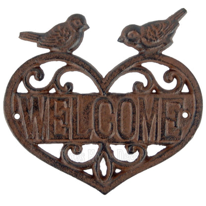 Birds Heart Welcome Sign Cast Iron Plaque Fleur De Lis Scrolls Antique Style