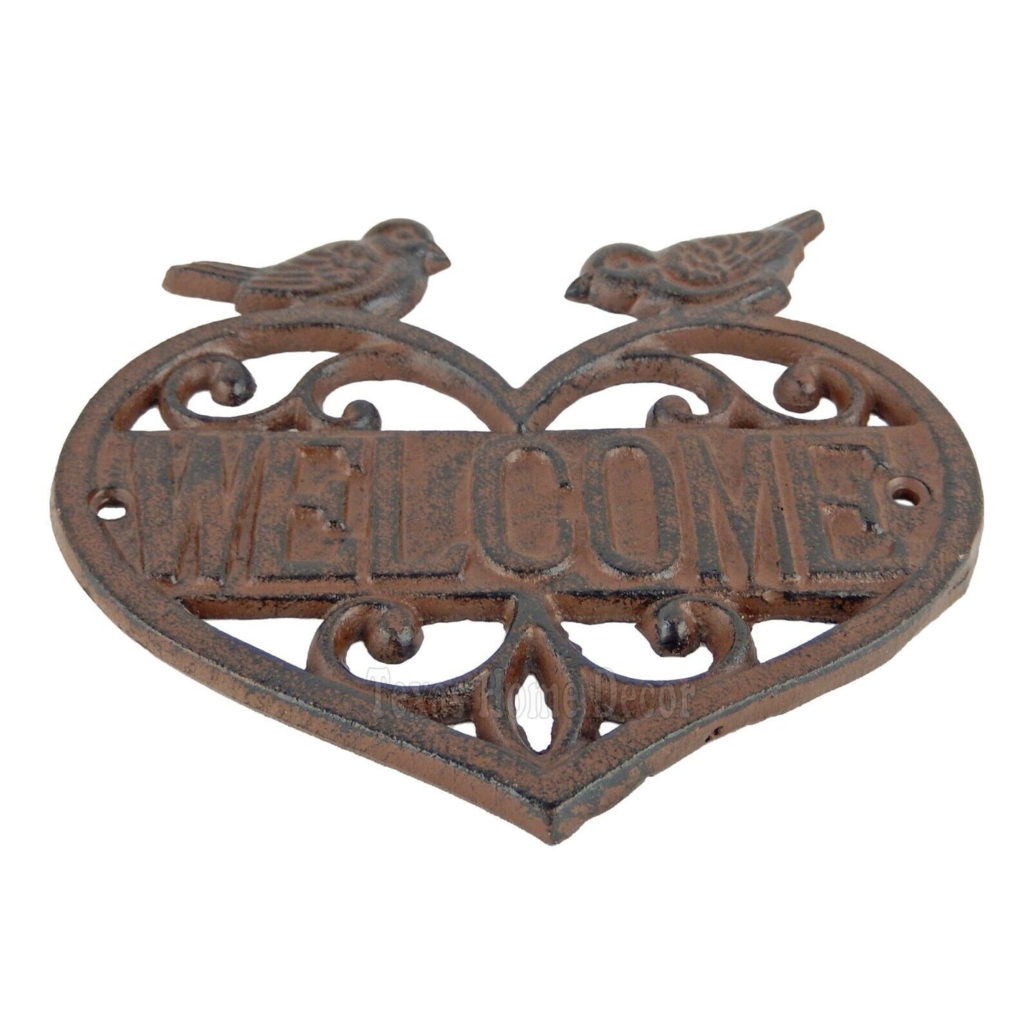 Birds Heart Welcome Sign Cast Iron Plaque Fleur De Lis Scrolls Antique Style