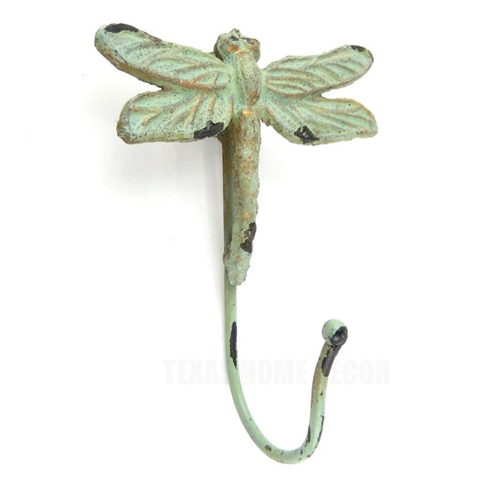 Cast Iron Dragonfly Wall Hook Key Towel Coat Robe Hanger Antique Weathered Green