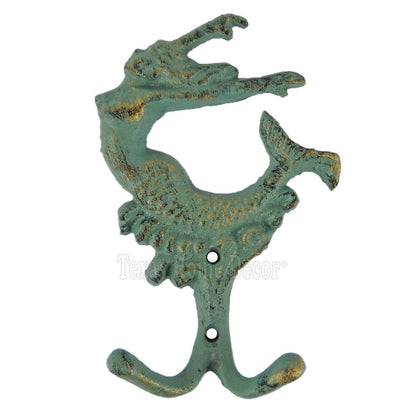 Mermaid Towel Rack Cast Iron Wall Key Hooks Coat Hanger Nautical Green Verdigris