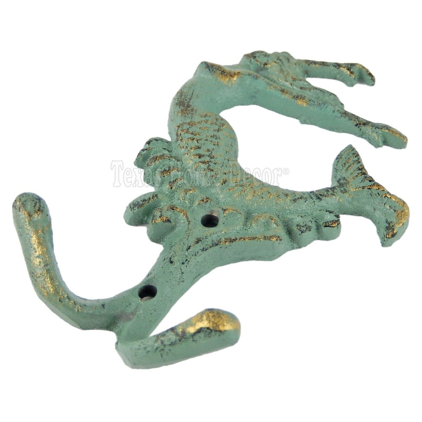 Mermaid Towel Rack Cast Iron Wall Key Hooks Coat Hanger Nautical Green Verdigris