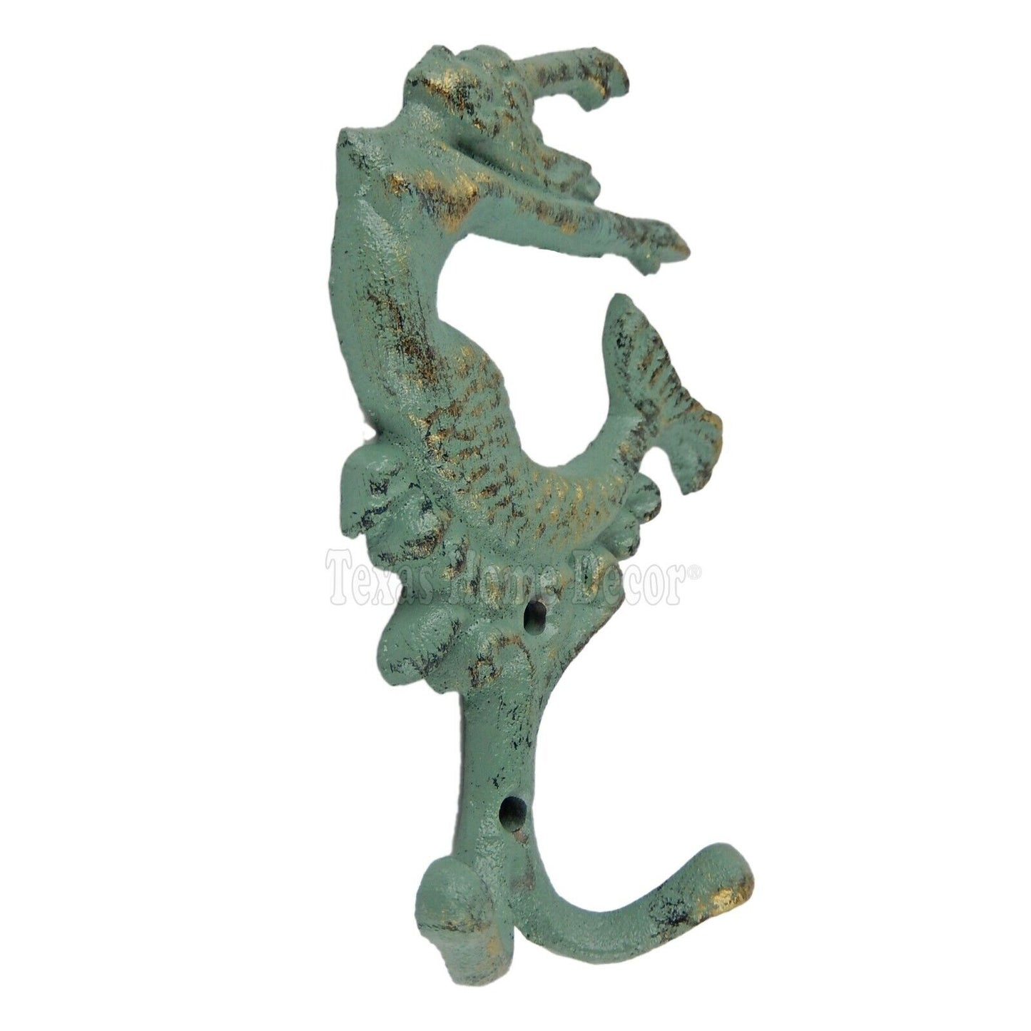 Mermaid Towel Rack Cast Iron Wall Key Hooks Coat Hanger Nautical Green Verdigris