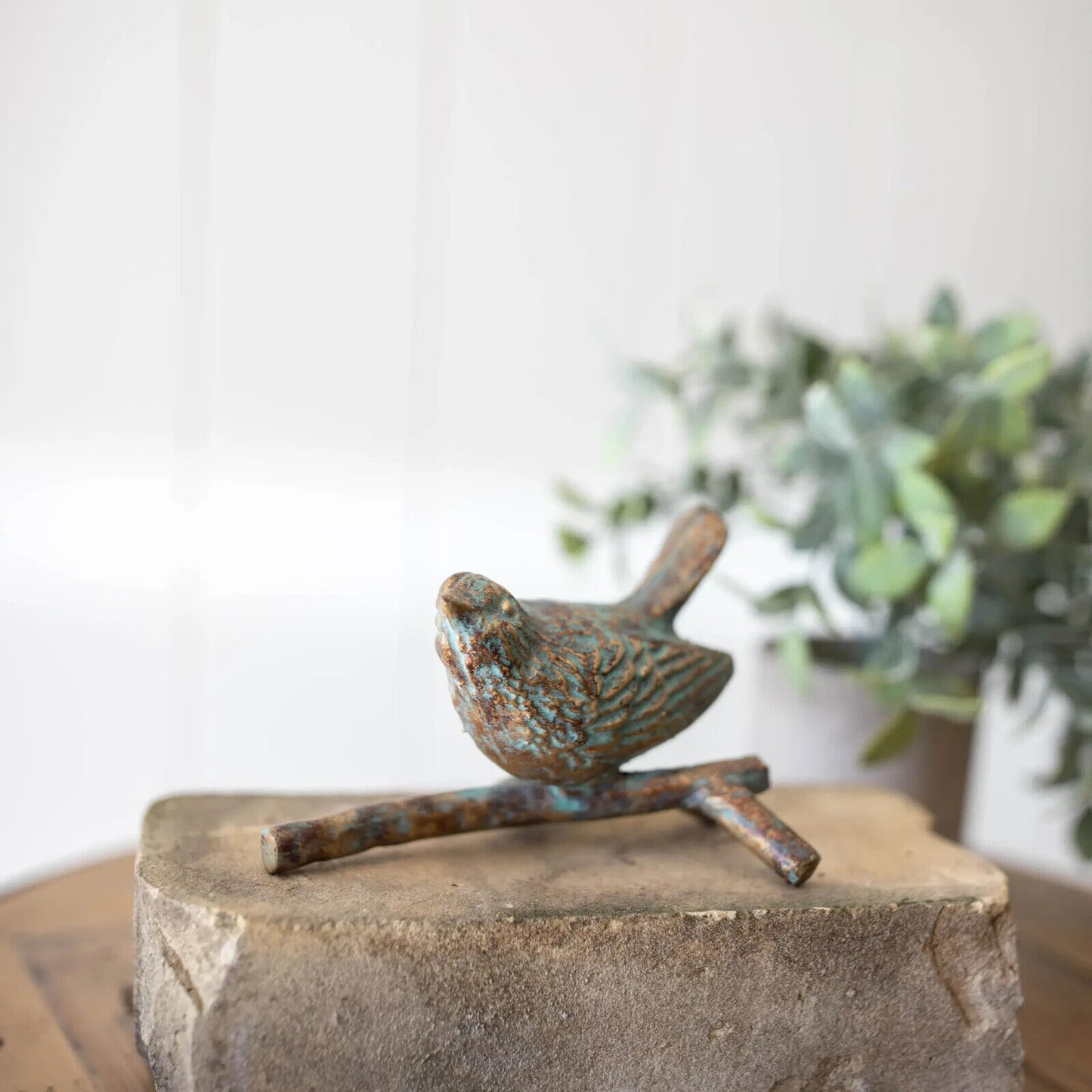 Bird on Branch Figurine Paperweight Verdigris Turquoise Antique Bronze Cast Iron